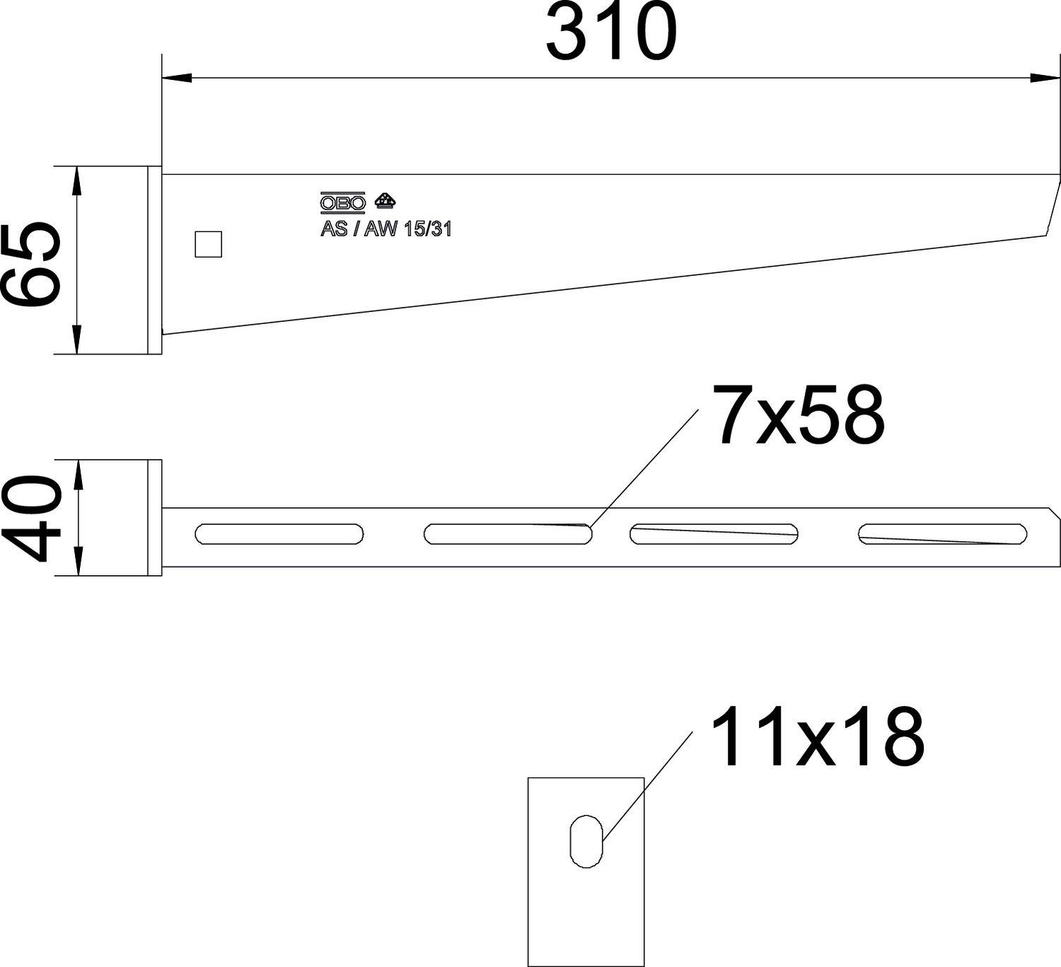 Seitliche Ansicht eines Metallwinkels mit Abmessungen: Länge 310 mm, Breite 65 mm, Höhe 40 mm. Lochgrößen 7x58 mm und 11x18 mm.