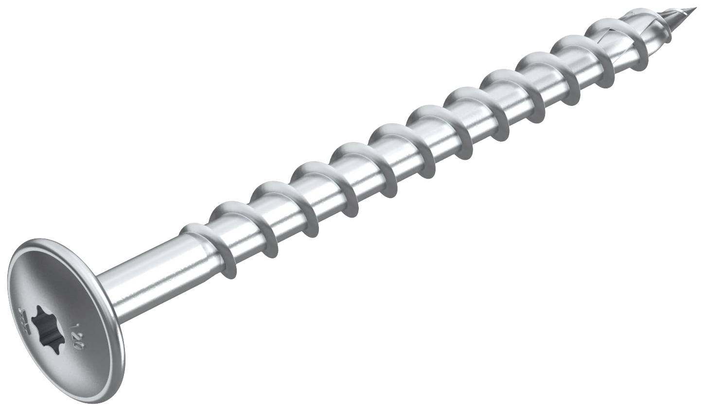 Ein silberner Holzbauschraube mit Torx-Antrieb, glattem Schaft und selbstschneidendem Gewinde. Ideal für Holzverbindungen.