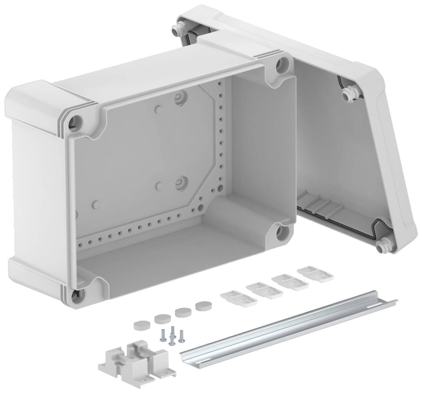 Gehäuse aus Kunststoff, geöffnet. Zeigt Innenraum mit mehreren Schrauben, Halterungen und einer Metallschiene davor. Geeignet für Elektronikmontage.