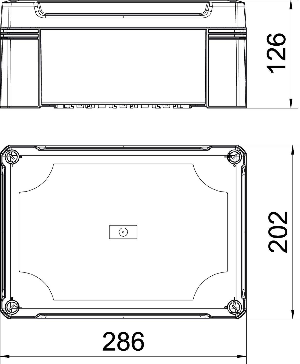 Technische Zeichnung eines rechteckigen Gehäuses mit Maßen: Höhe 126 mm, Breite 286 mm, Tiefe 202 mm.