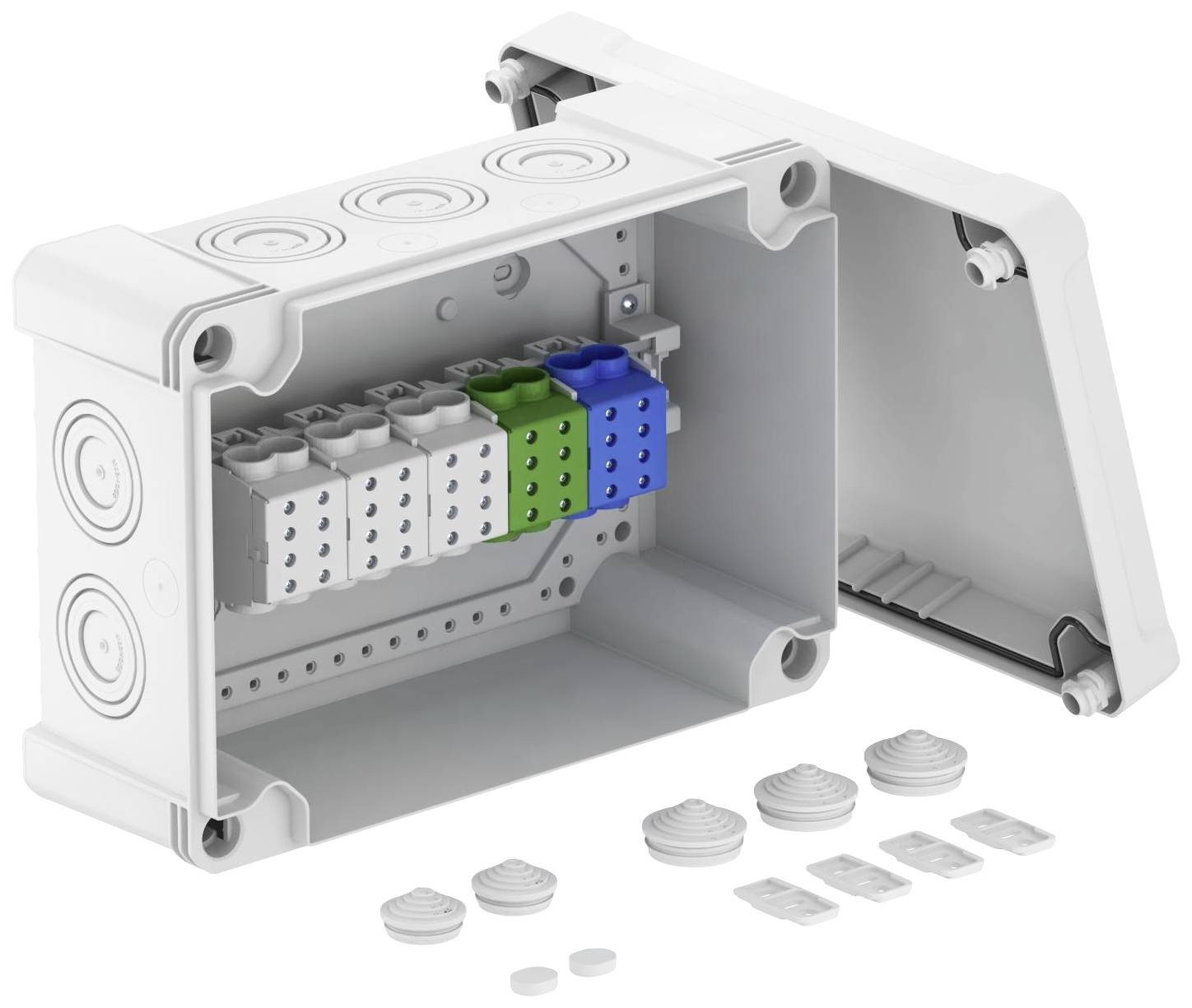 Grau-weiße elektrische Anschlussbox mit abnehmbarem Deckel und farbigen Klemmenblöcken; Zubehörteile sind daneben platziert.