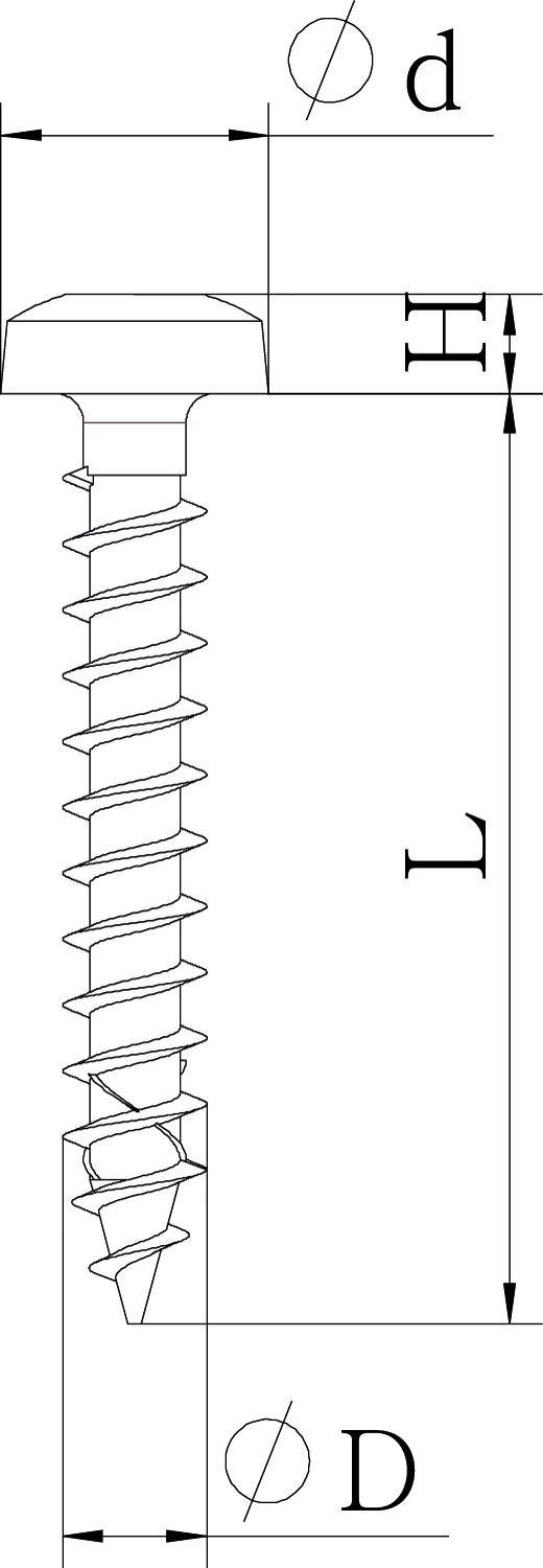 Technische Zeichnung einer Schraube mit Beschriftungen für Durchmesser (d), Kopfgröße (H), Länge (L) und Gewindedurchmesser (D).