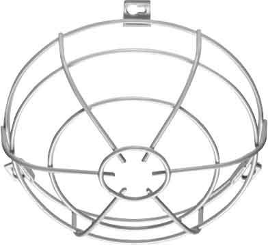 Metallkorb mit rundem Gitterdesign und Halterung oben, wahrscheinlich als Schutzabdeckung für einen Ventilator oder eine Lampe gedacht.