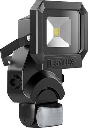 Schwarzer LED-Strahler mit Bewegungsmelder für Außenbereich, quadratisches Design, Marke Esylux, geeignet zur Wandmontage.