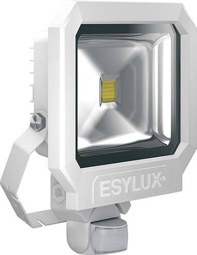 LED-Strahler ESYLUX in Weiß mit Bewegungssensor, für Außenbeleuchtung. Energiesparend, wetterbeständig und ideal für Sicherheit.