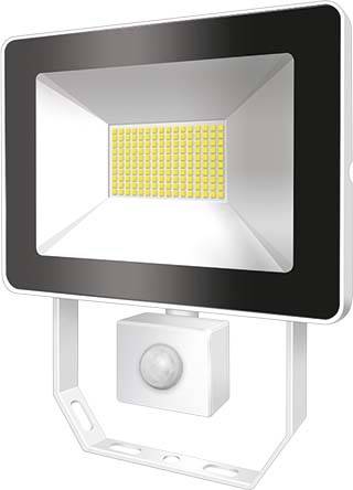 Ein rechteckiger LED-Flutlichtstrahler mit schwarzem Rand und Bewegungsmelder an der Unterseite, geeignet für Außenbeleuchtung.