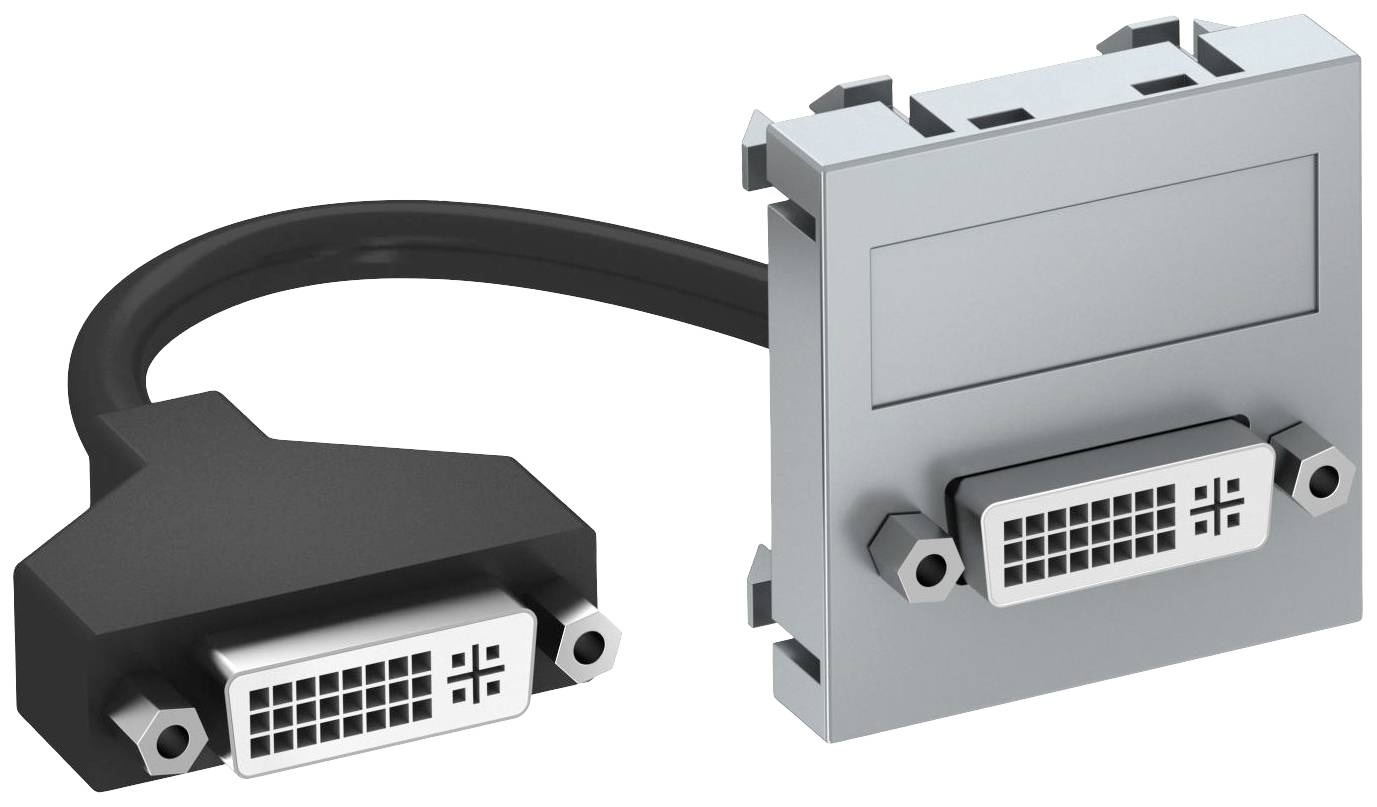 DVI-Anschlusskabel mit zwei Steckern. Links ein schwarzer Stecker mit Kabel, rechts ein grauer Stecker ohne Kabel.