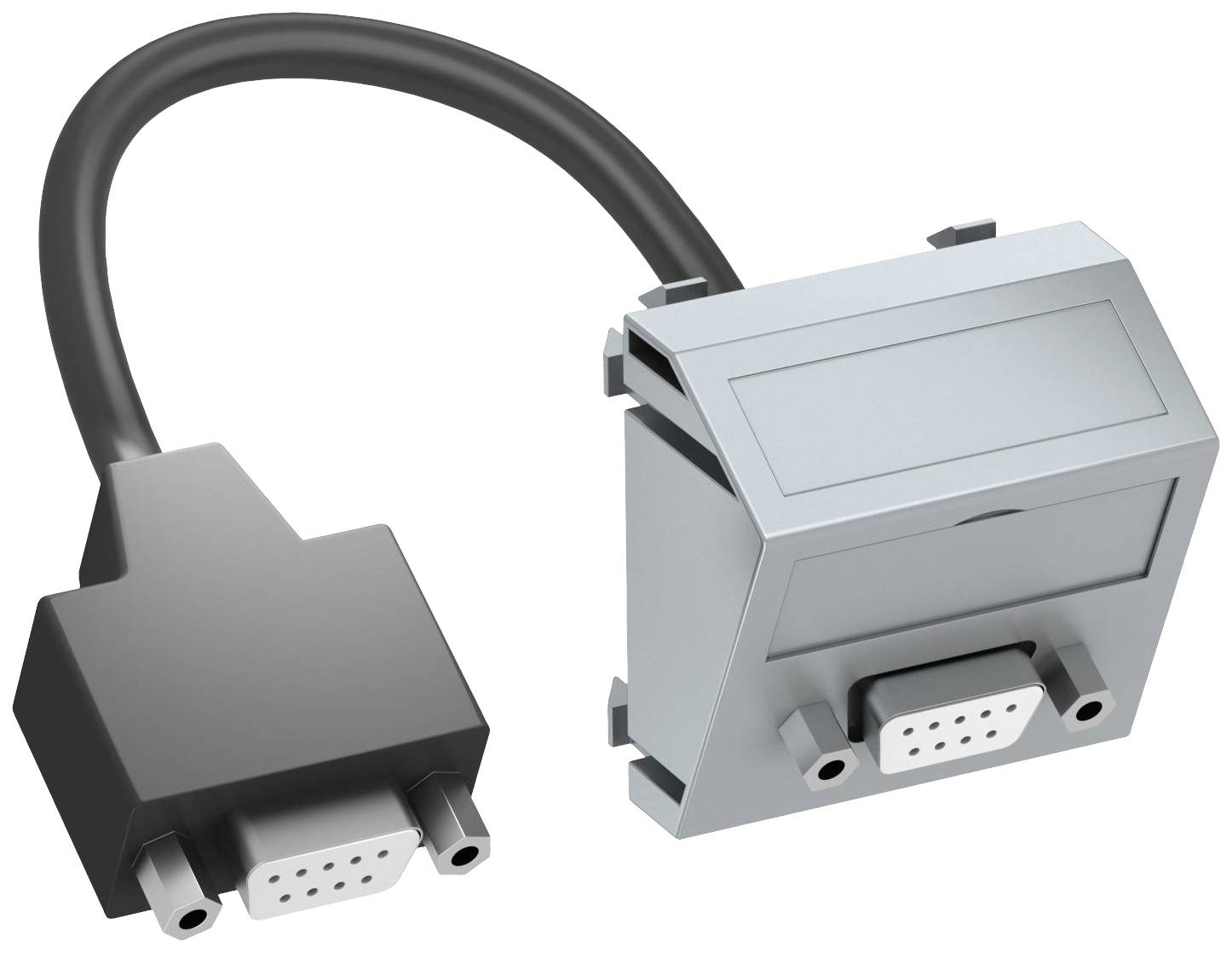 Ein VGA-Kabel mit einem schwarzen Stecker links und einem grauen Adapter rechts. Es dient zur Verbindung von Geräten mit VGA-Schnittstellen.
