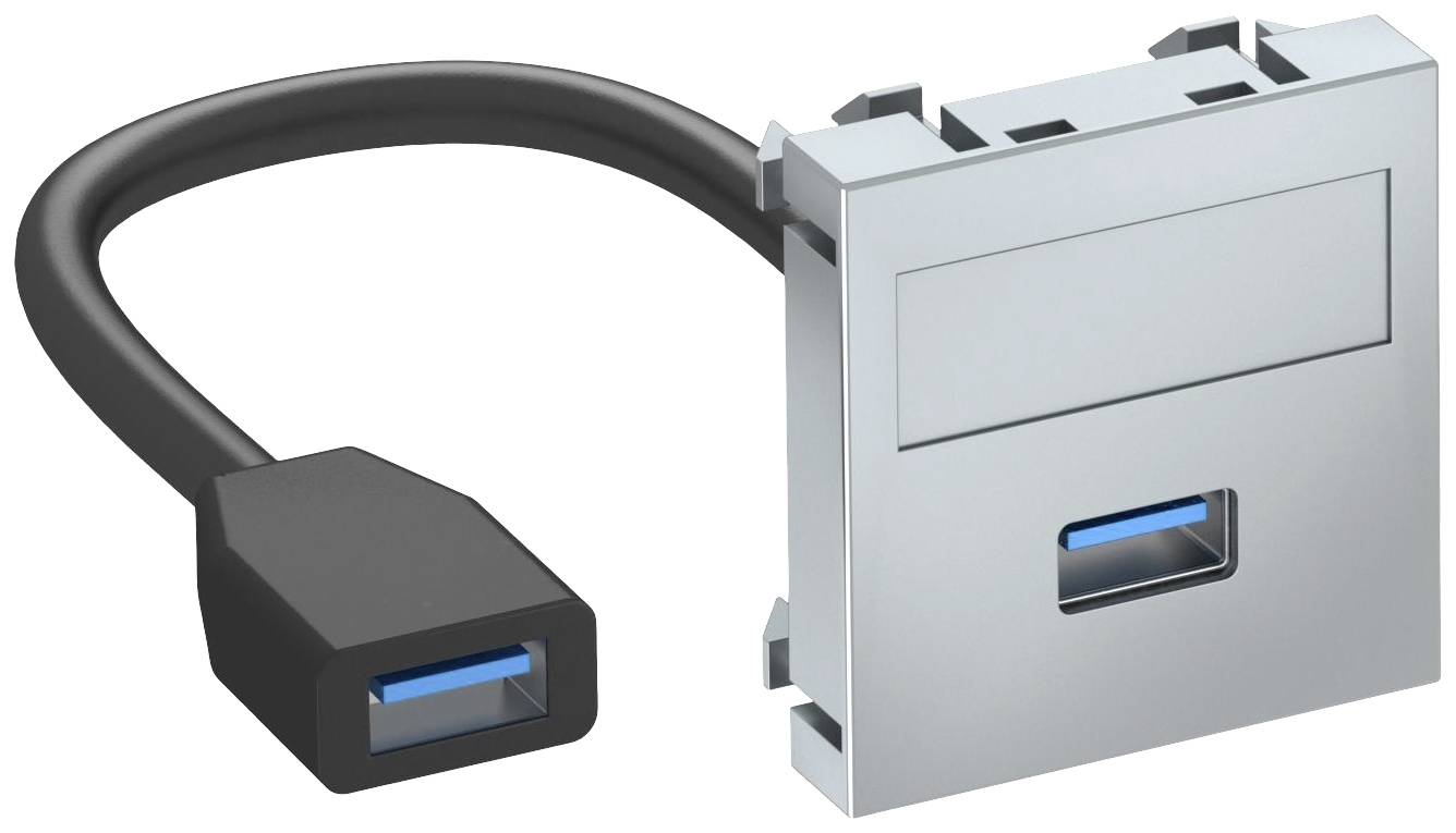 Ein silberner USB-Anschluss mit kurzem Kabel, schwarzem USB-Stecker und USB-Buchse, geeignet für Datenverbindungen und Geräteanbindung.