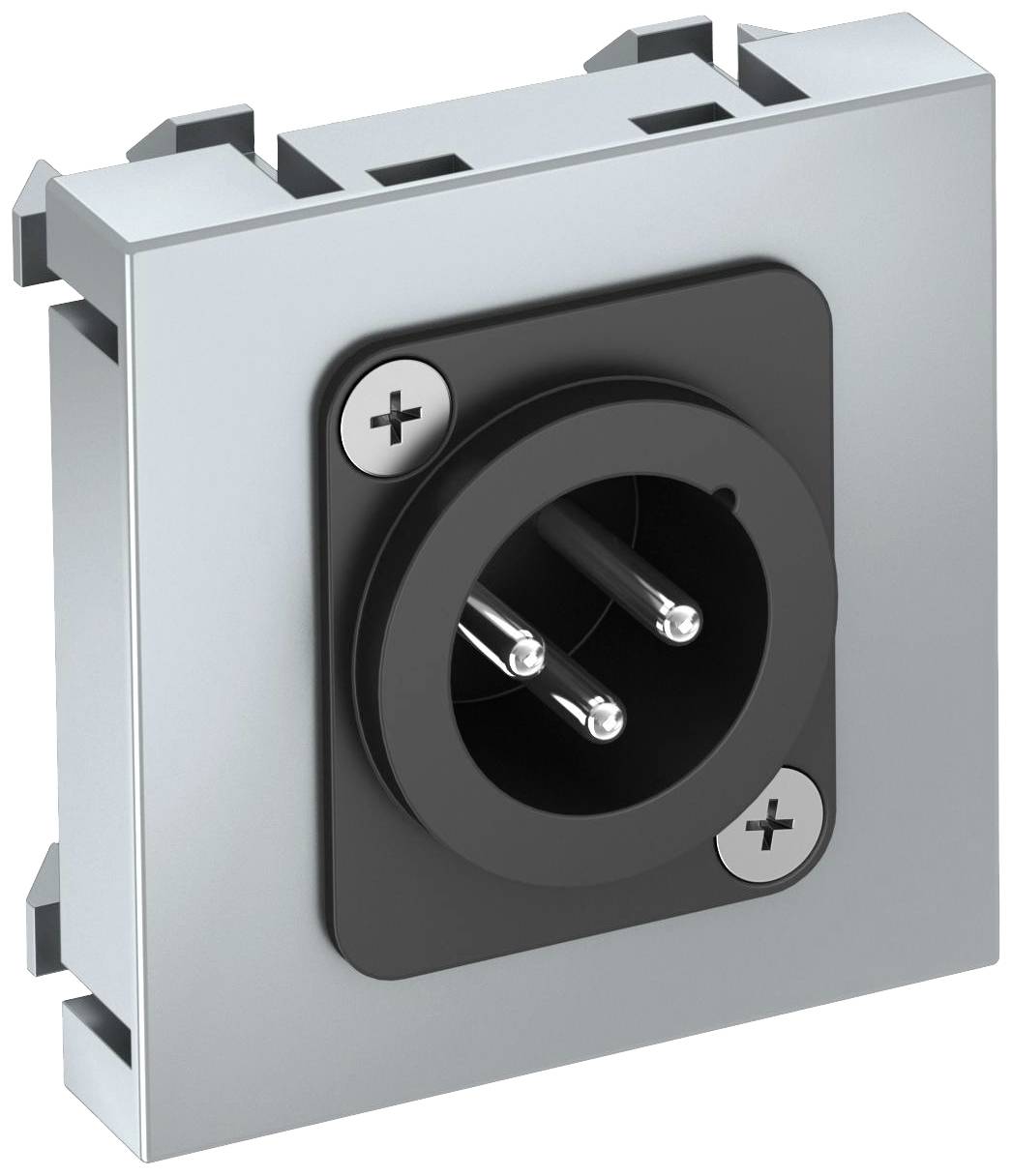 Abbildung eines rechteckigen, grauen Gerätesteckers mit drei Metallstiften. Zwei Schrauben oben links und unten rechts zur Befestigung.