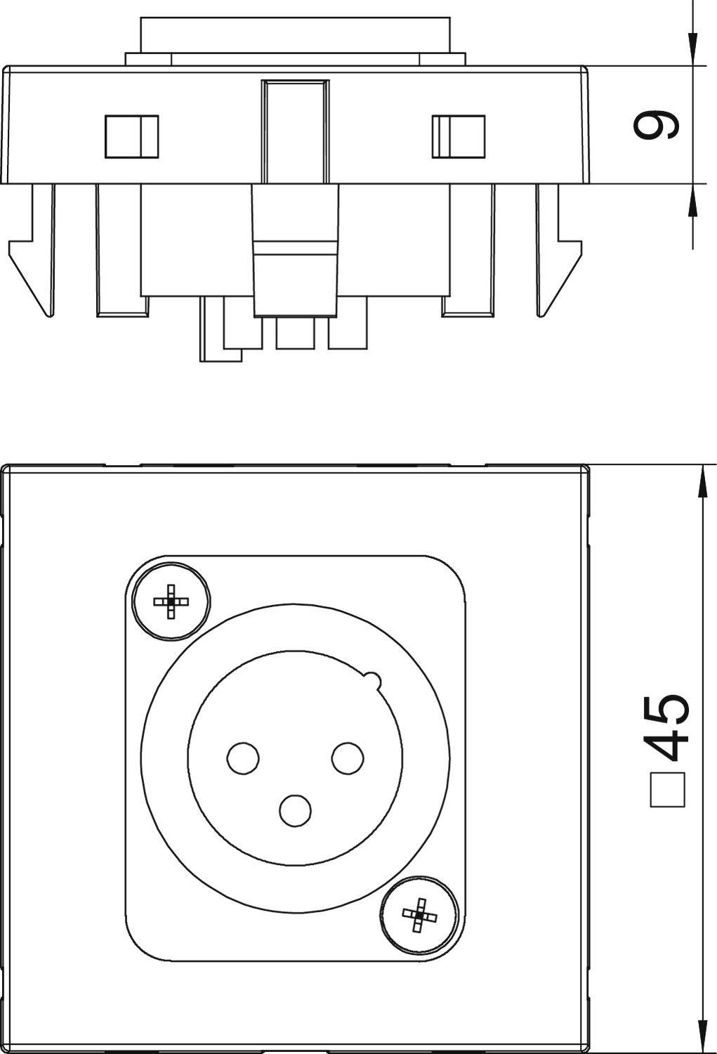 Technische Zeichnung eines elektrischen Steckverbinders, Vorder- und Seitenansicht, mit Abmessungen 45mm x 9mm.