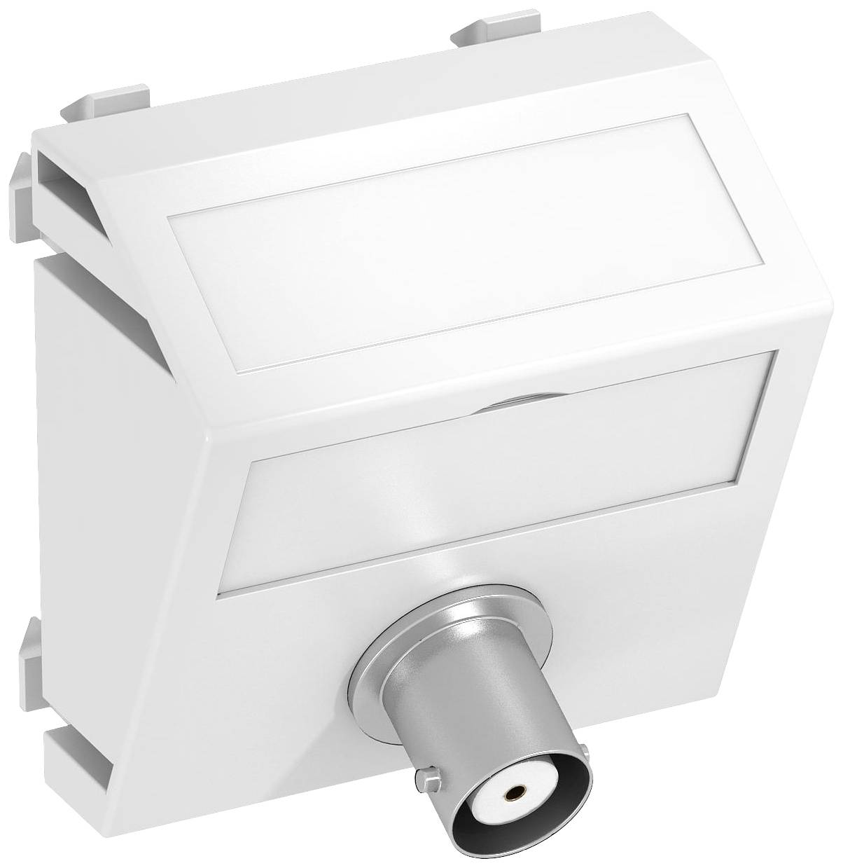 Ein weißer Koaxialstecker mit rechteckigem Gehäuse. Geeignet zur Wandmontage für die Übertragung von TV-Signalen.