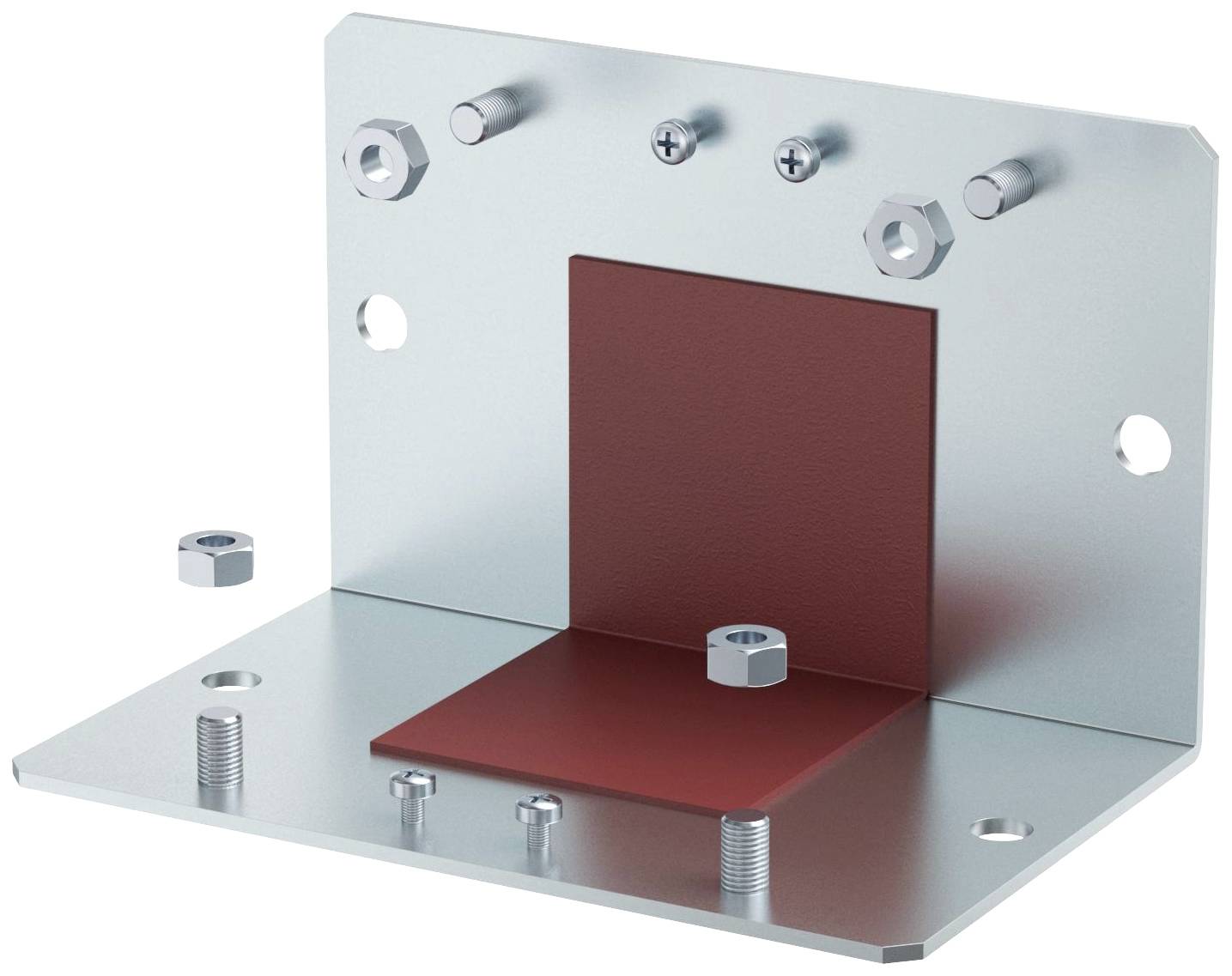 Metallische Halterung mit rotem Gummipolster, montiert auf einer Platte. Enthält Schraubenlöcher für die Befestigung an einer Oberfläche.