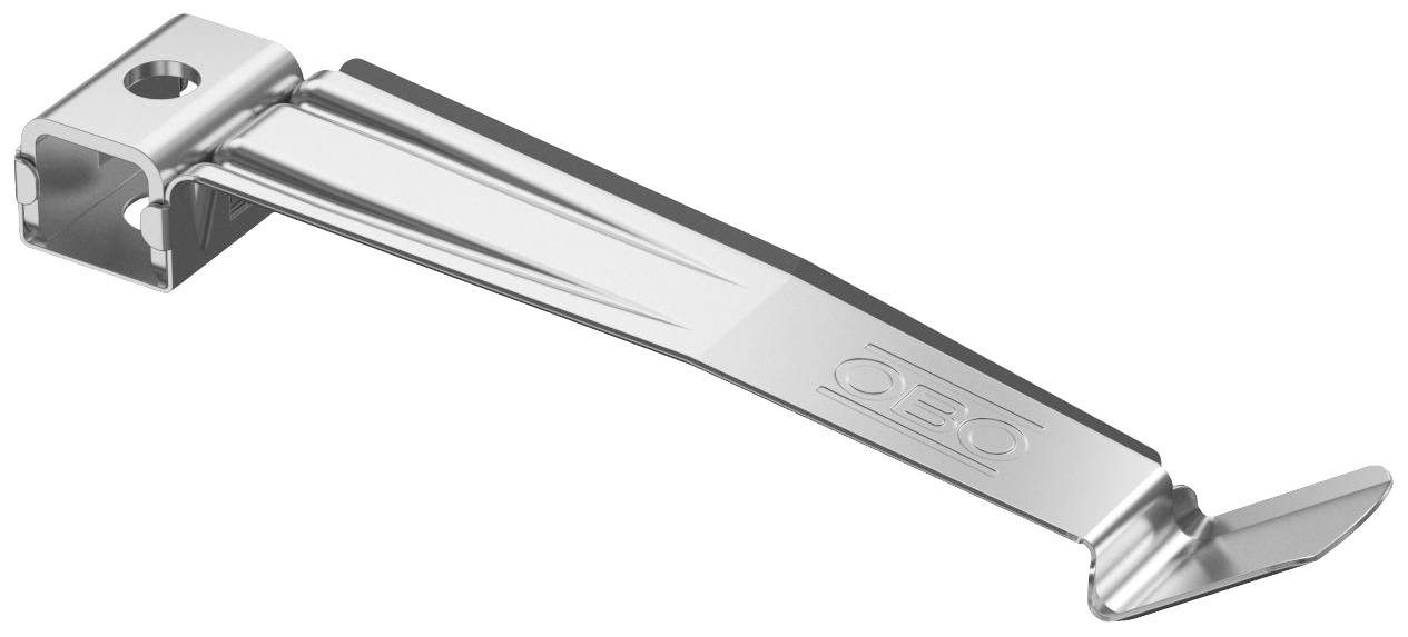 Metallclips zur Befestigung von Kabeln, mit rechteckiger Form und abgerundeten Kanten, silberne Farbe, Marke 'OBO'.