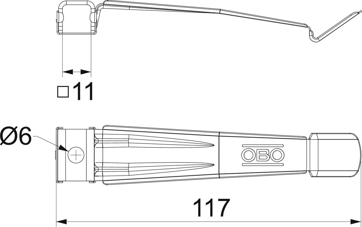 Technische Zeichnung eines Dübels von OBO mit den Maßen: Länge 117 mm, Durchmesser 6 mm. Zeigt Seiten- und Draufsicht.