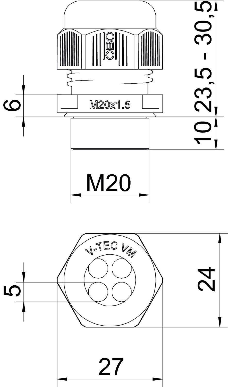 Technische Zeichnung eines Kabelverschraubungsteils. Oben Seitenansicht mit Maßen, unten Draufsicht. Maße: 10–30,5 mm, 27 mm breit.
