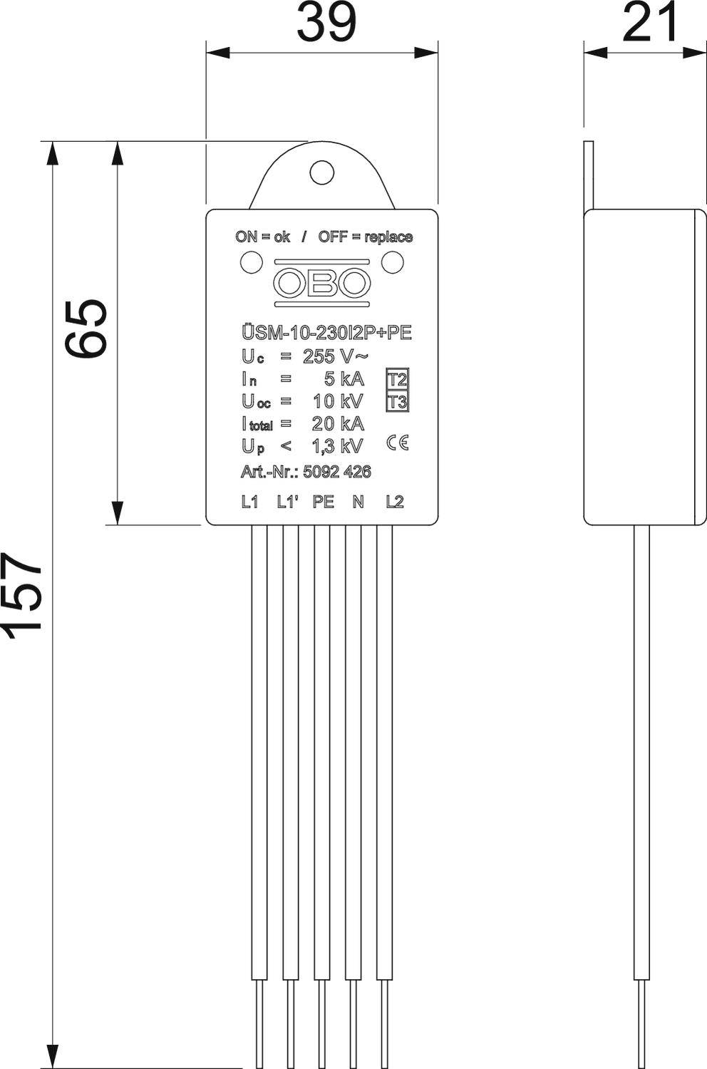 OBO Bettermann 5092426 ÜSM-10-230I2P+PE Überspannungsschutz-Modul 5 kA 1St.