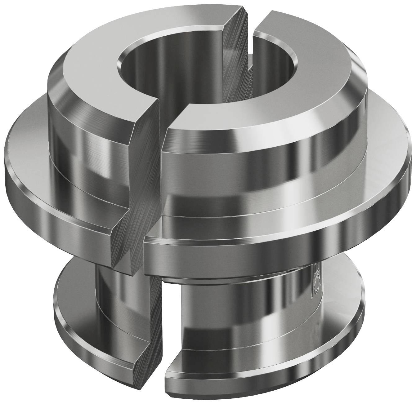 Metallischer, zweischneidiger Klemmring mit runder Form und symmetrischem Design, eventuell Teil eines Maschinenbauteils.