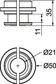 Technische Zeichnung einer Bauteilscheibe mit Maßen: Höhe 35 mm, Breite 50 mm, Innendurchmesser 21 mm, Detailansicht im Querschnitt.