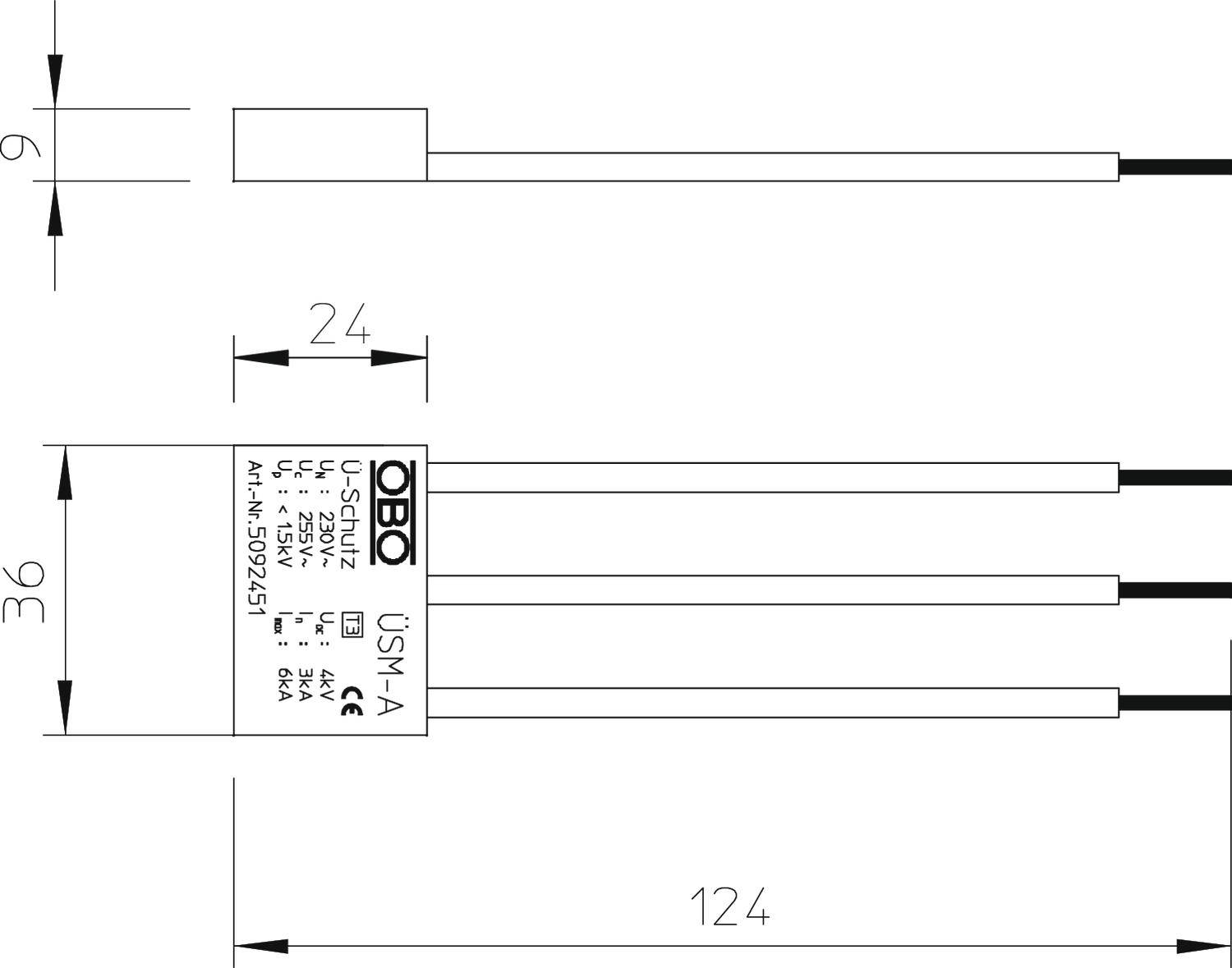 Technische Zeichnung eines OBO USM-A Geräts mit den Maßen 9 mm, 24 mm, 36 mm und 124 mm. Zeigt Kabelverbindungen und Produktkennzeichnung.