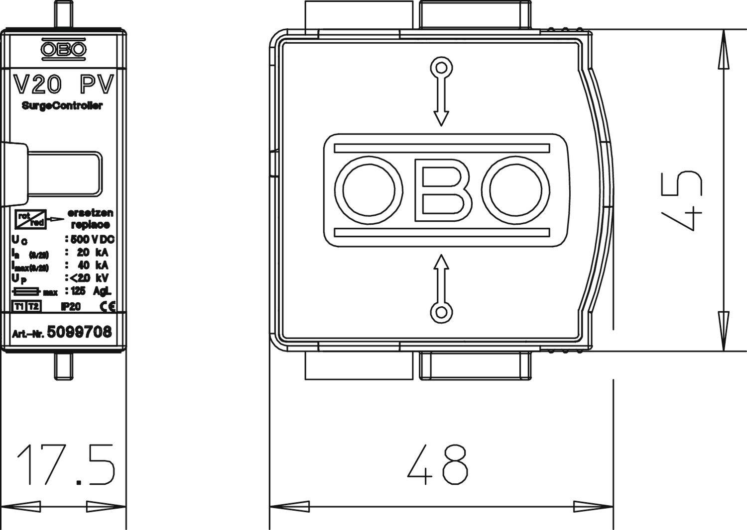 Zeichnung eines Überspannungsschutzgeräts mit Abmessungen: 17,5 mm x 45 mm x 48 mm. Beschriftungen: OBO, V20 PV, Art.-Nr. 5098708.