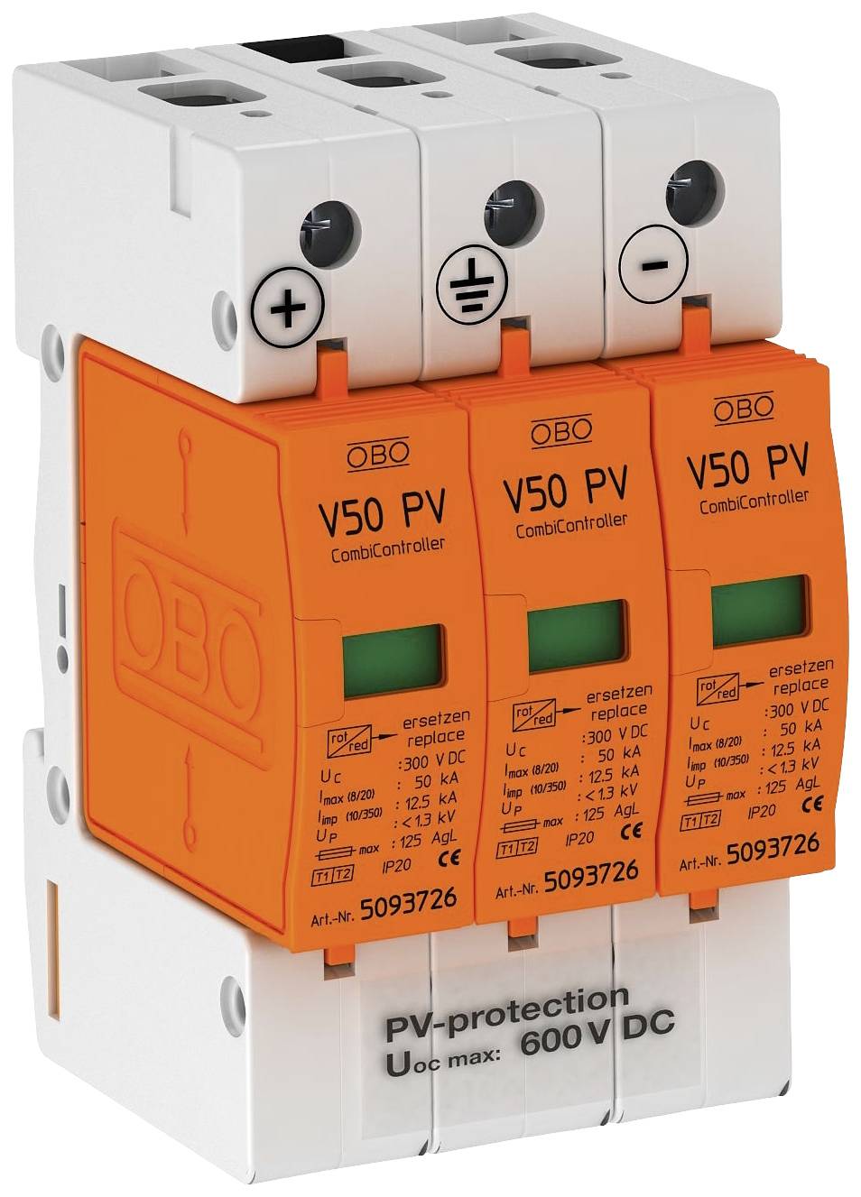 Dreiphasiger Überspannungsschutz V50 PV CombiController von OBO für PV-Anlagen. Schutz bis 600 V DC, Ersatzanzeigen integriert.