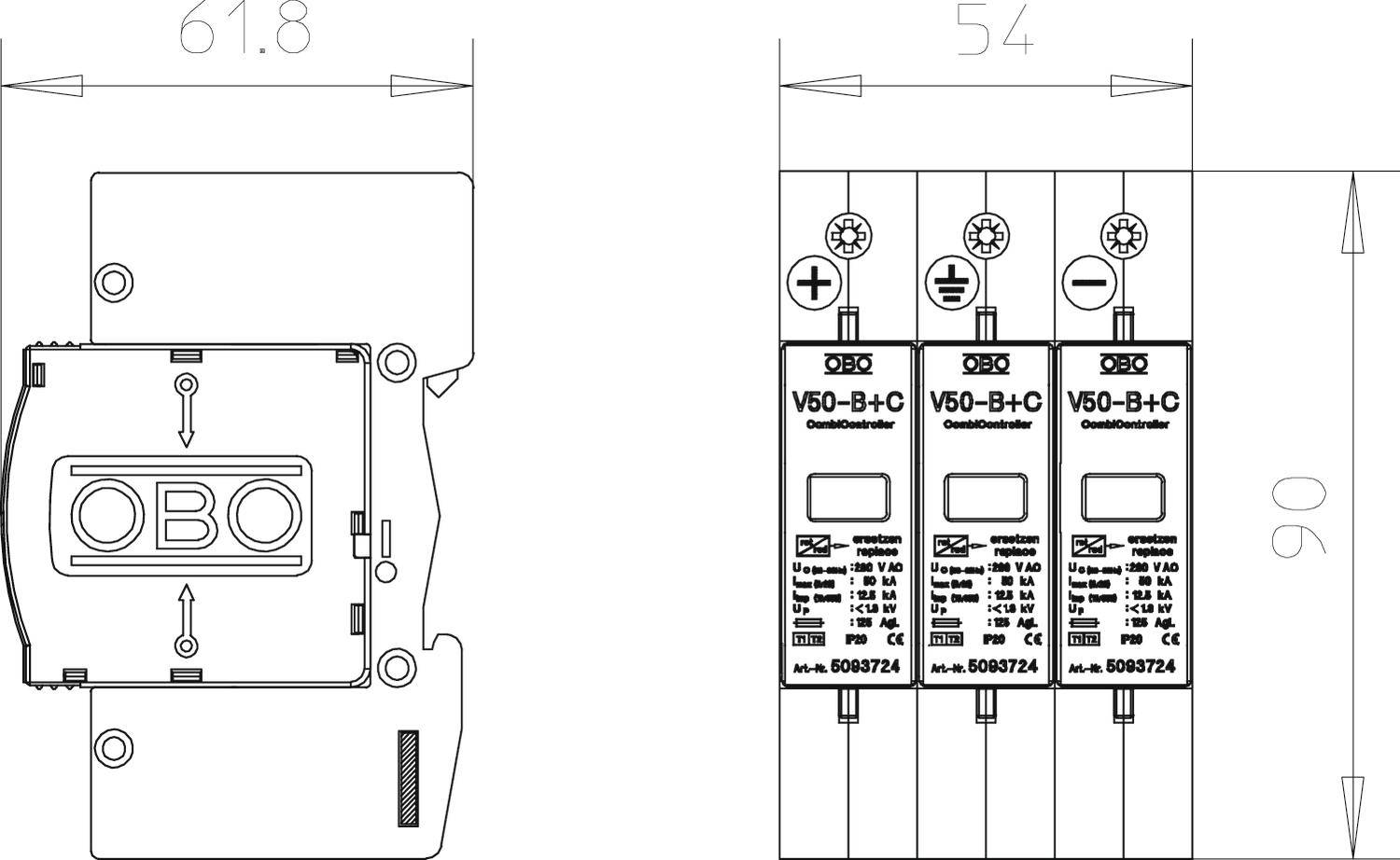 Technische Zeichnung eines Überspannungsschutzgeräts mit Maßen 61,8 mm Breite und 90 mm Höhe. Links Ansichtsdetail, rechts Frontalansicht.