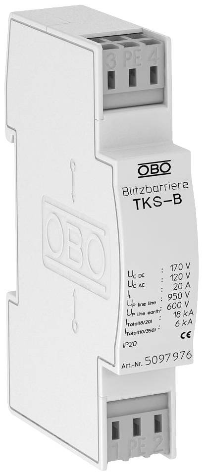 Eine weiße Blitzbarriere von OBO Typ TKS-B mit technischen Spezifikationen aufgedruckt. Geeignet für Überspannungsschutz.