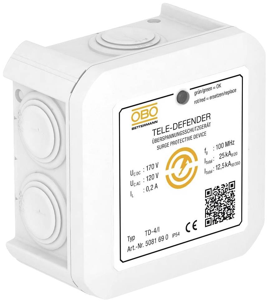 Überspannungsschutzgerät 'TELE-DEFENDER' von OBO Bettermann. Technische Daten: 170V Gleichspannung, 120V Wechselspannung, max. 25kA Stromstärke.