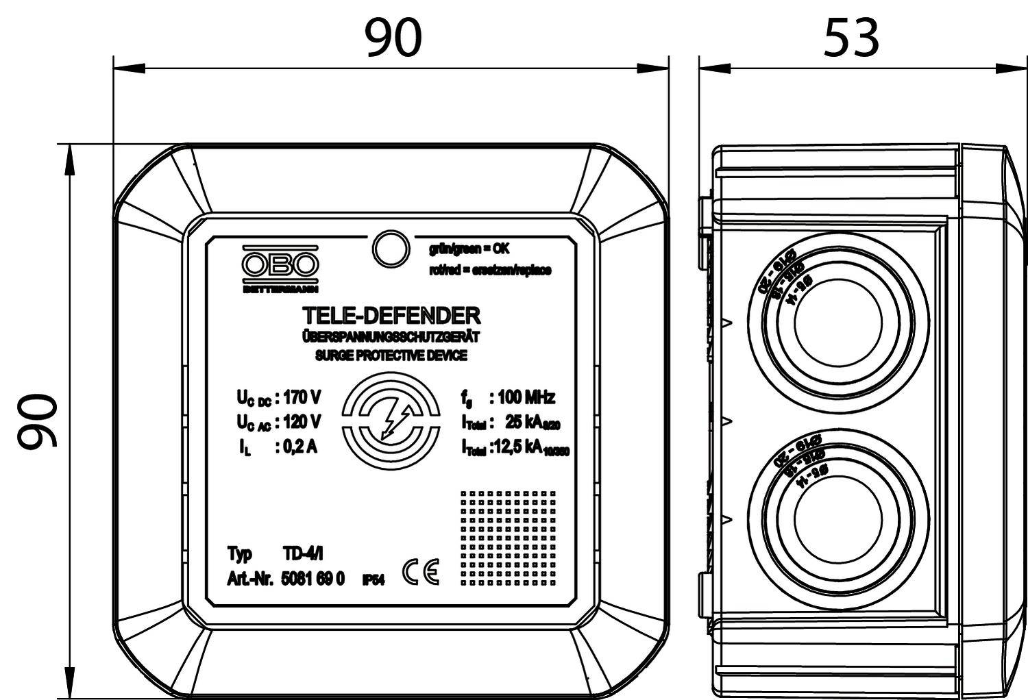 Technische Zeichnung eines Überspannungsschutzgeräts 'Tele-Defender' von OBO. Maße: 90x90x53 mm, Typ TD-41, für Telefonanschlüsse.