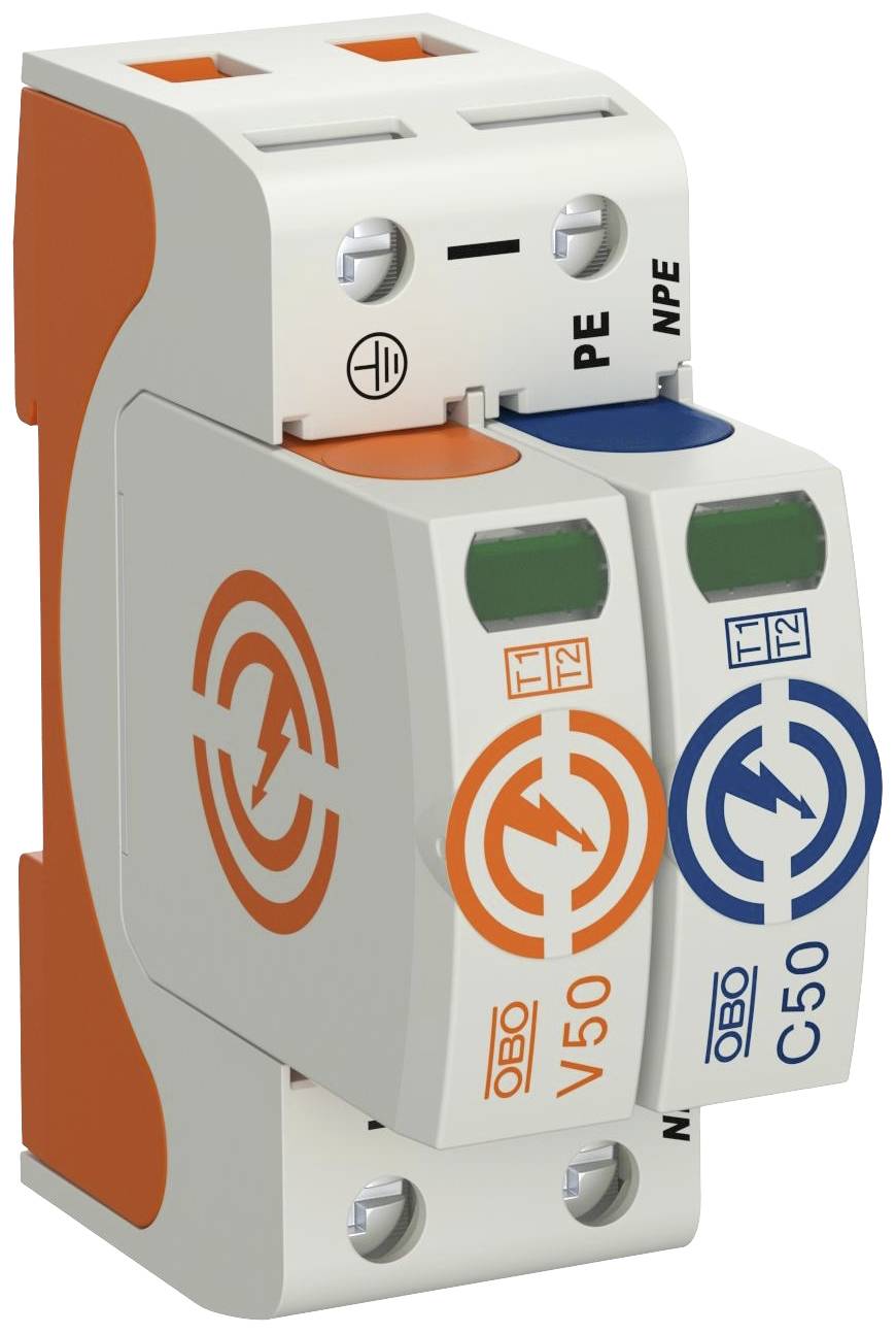 Ein elektrisches Überspannungsschutzgerät mit zwei Schaltern, einem orangefarbenen mit 'V50' und einem blauen mit 'C50' markiert.