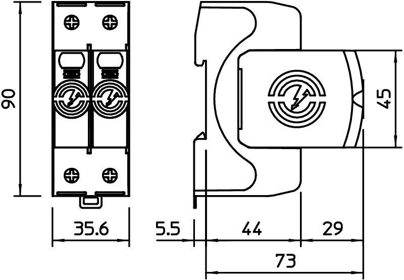 Technische Zeichnung eines Bauteils mit Maßen: 90 x 35,6 mm Ansicht rechts, 73 x 45 mm Ansicht oben. Enthält Kreissymbol und Schraubenlöcher.