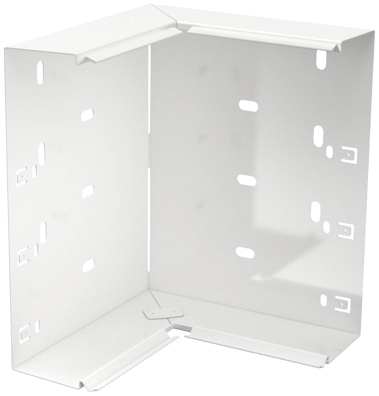 Weiße, rechteckige Metallhalterung für die Montage, mit Löchern zur Befestigung. Ideal für Wand- oder Deckenanbringung.