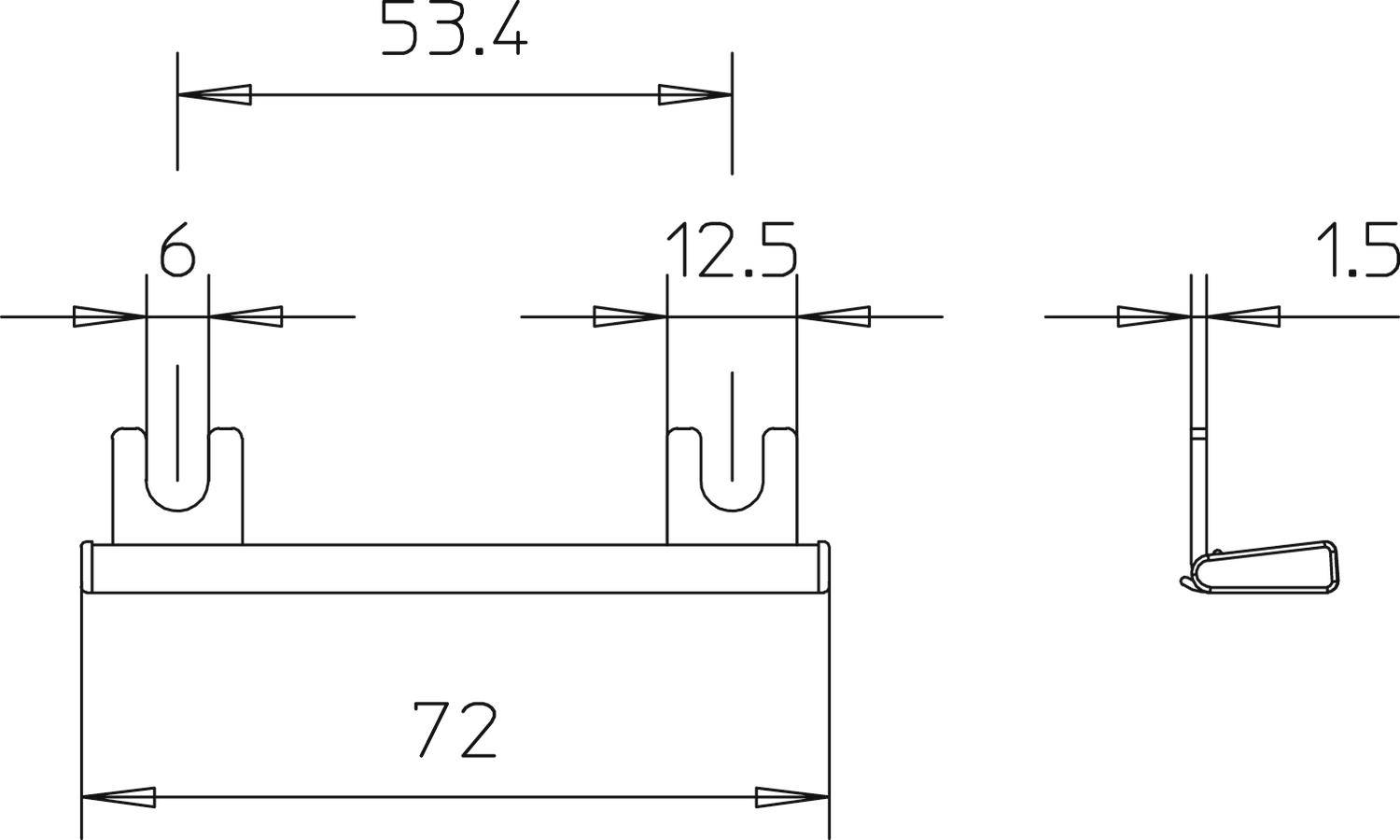 Technische Zeichnung eines rechteckigen Bauteils mit Maßen: Breite 72 mm, Höhe von 53,4 mm zwischen zwei Punkten, Details von 6 mm, 12,5 mm und 1,5 mm.