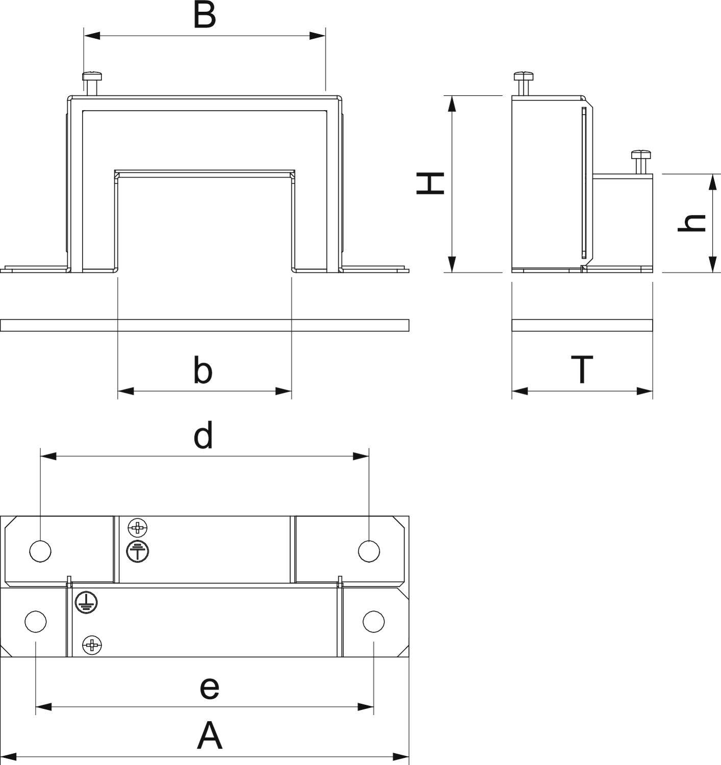 Technische Zeichnung eines mechanischen Bauteils mit Abmessungen. Enthält Markierungen für Breite (B), Höhe (H), Tiefe (d), und weitere Maße.