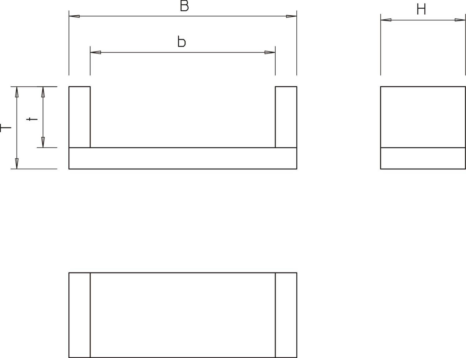 Technische Zeichnung eines Bauteils mit drei Ansichten: Vorderansicht zeigt Breite (B) und Höhe (H), Seitenansicht demonstriert Tiefe (T).