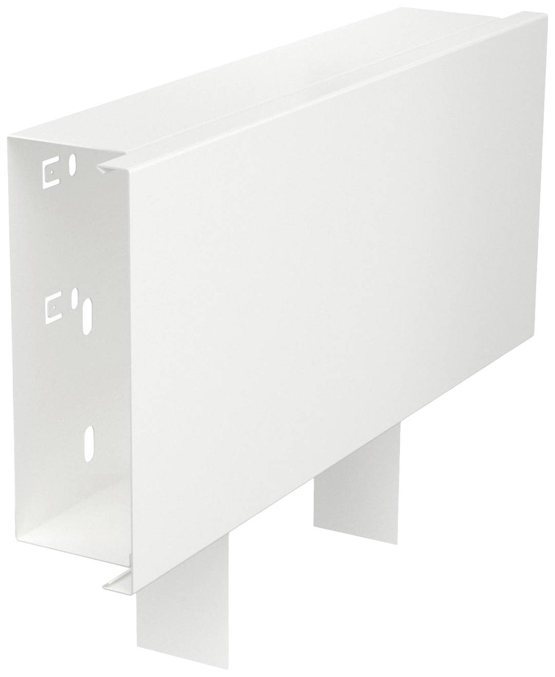 Ein weißes, rechteckiges Metallprofil mit lasergeschnittenen Löchern, möglicherweise zur Montage an einer Wand.