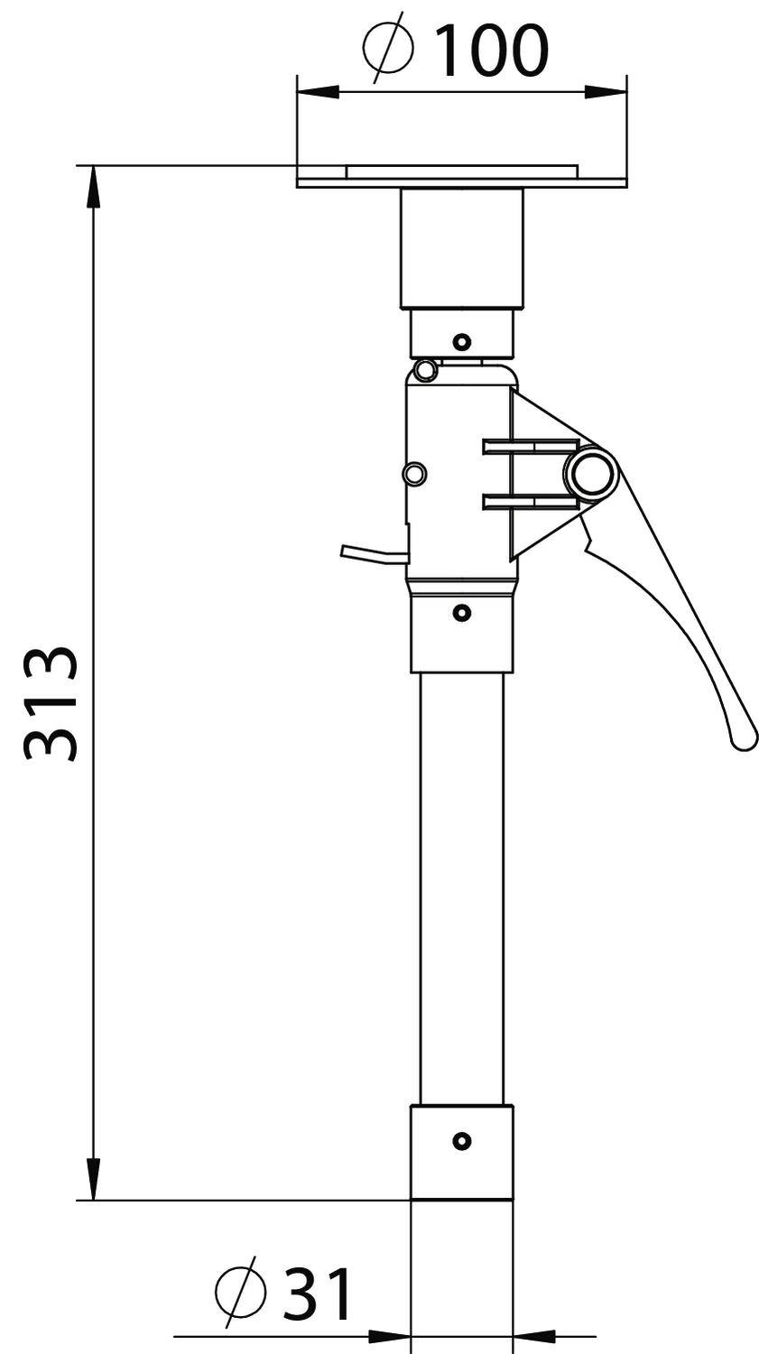 Zeichnung eines höhenverstellbaren Stützfußes mit Abmessungen: oberer Durchmesser 100 mm, unterer Durchmesser 31 mm, Gesamtlänge 313 mm.
