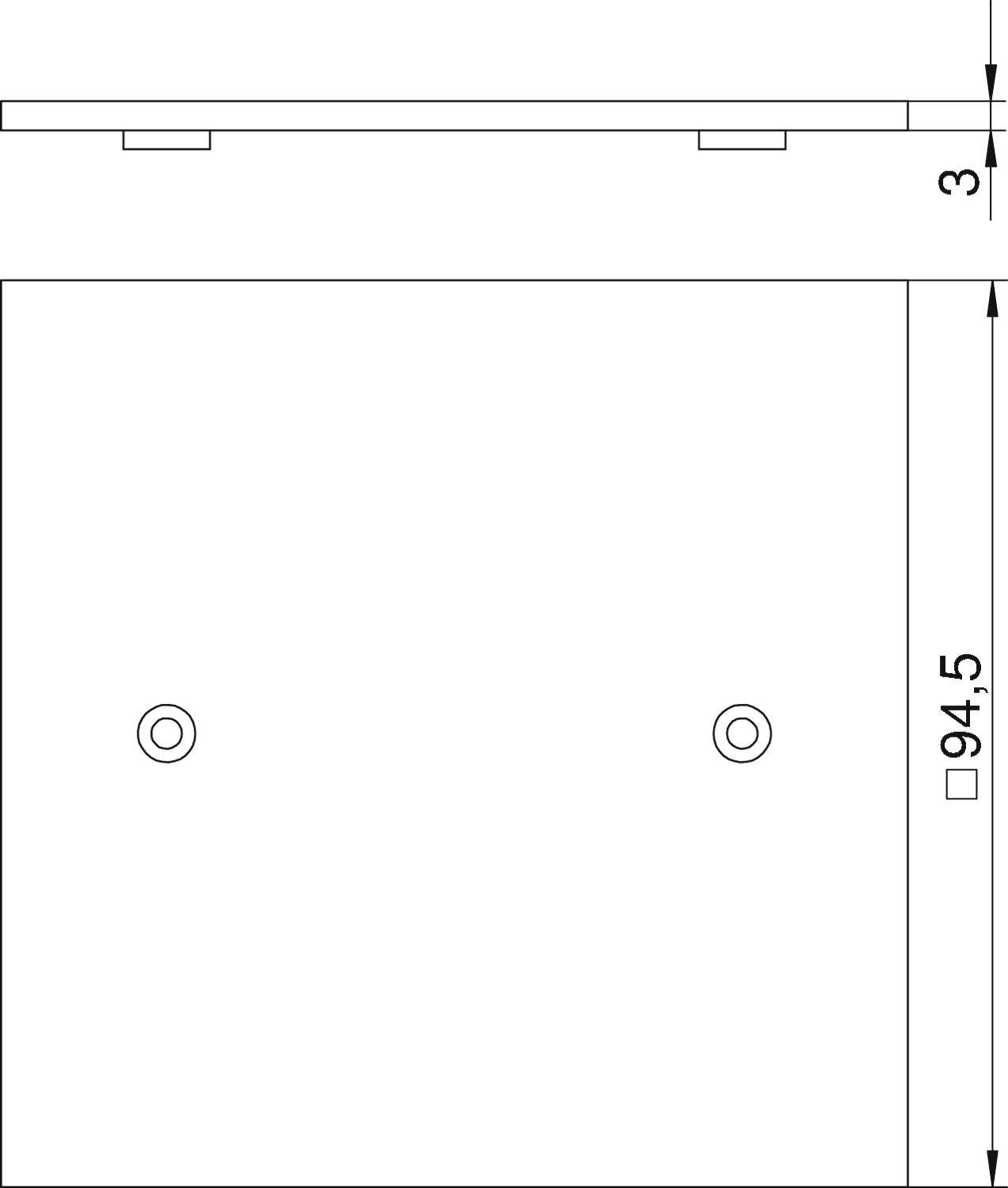 Technische Zeichnung einer rechteckigen Platte mit zwei Bohrlöchern. Maße sind angegeben: 3 mm Dicke, 94,5 mm Breite.
