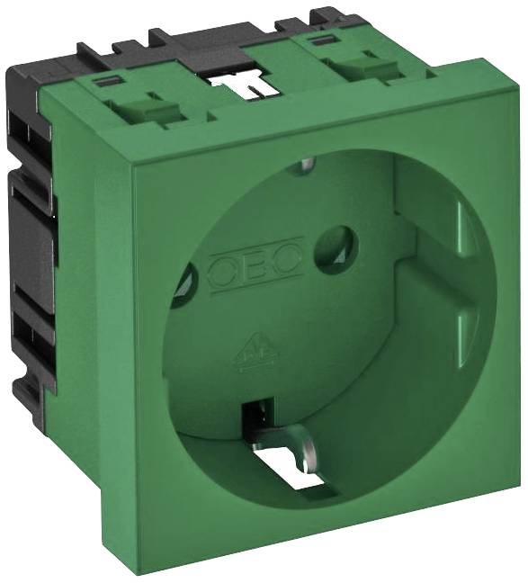 Grüne Steckdose in quadratischem Kunststoffgehäuse mit Schutzleiteranschlüssen, geeignet für den Einbau in modulare Systeme.