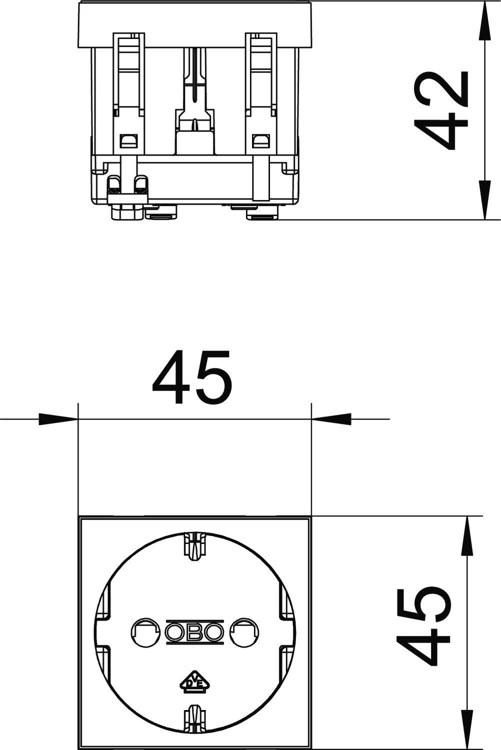 Technische Zeichnung einer quadratischen Steckdose mit Front- und Seitenansicht. Maße: 45 mm breit und hoch, 42 mm tief.