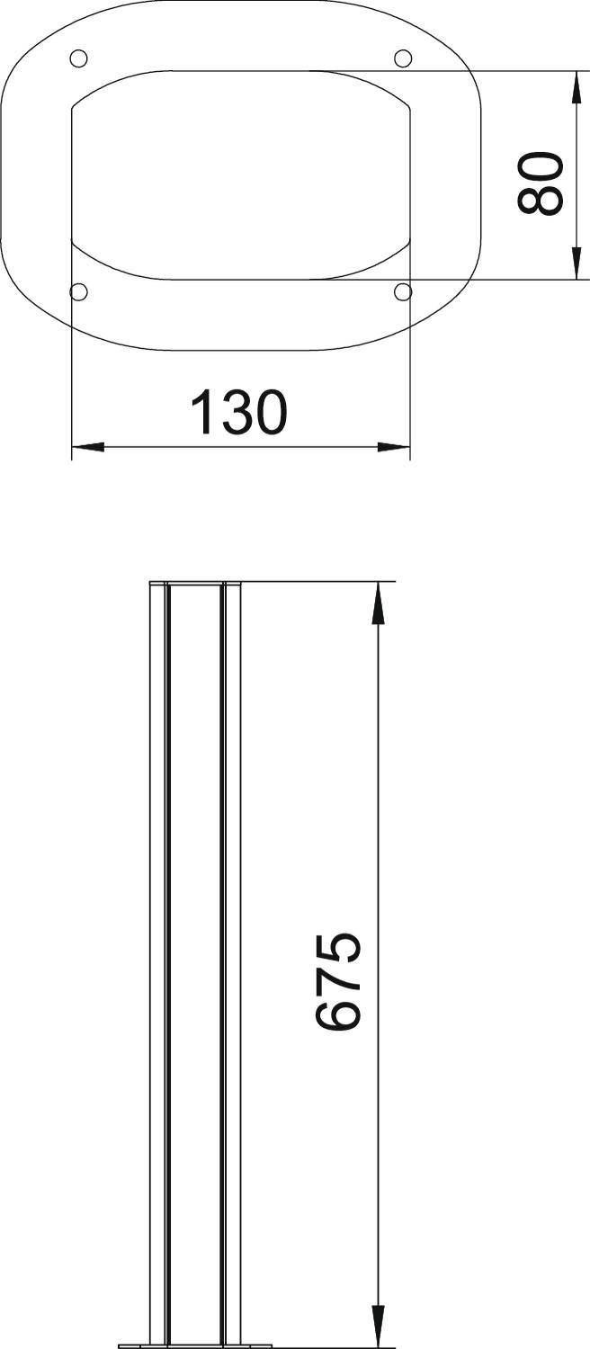 Technische Zeichnung eines rechteckigen Metallstücks mit den Maßen 130x80mm und einer Höhe von 675mm. Oben vier Befestigungslöcher.