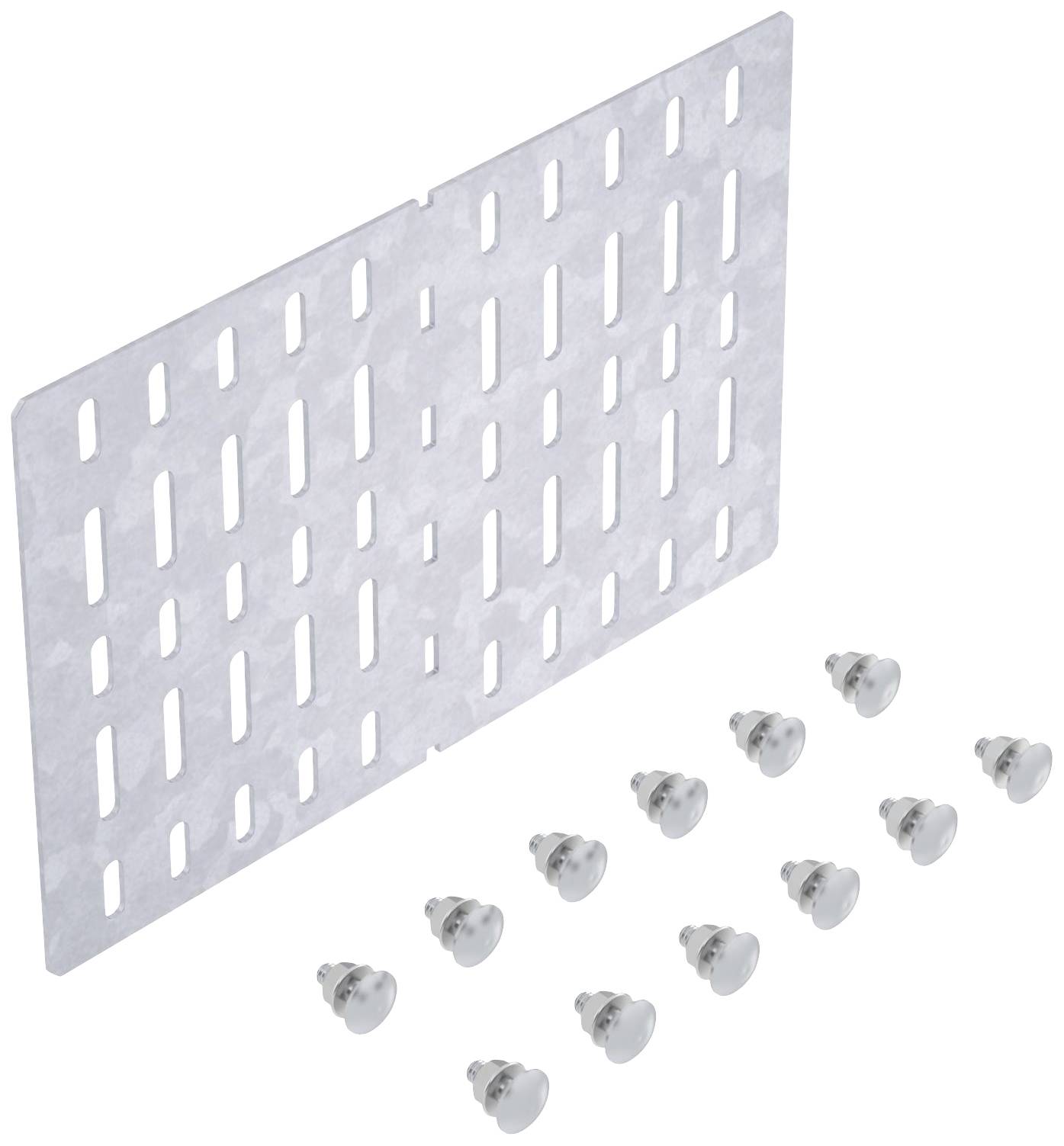 Eine rechteckige Metallschiene mit rechteckigen Aussparungen, daneben elf weiße Schrauben in zwei Reihen.