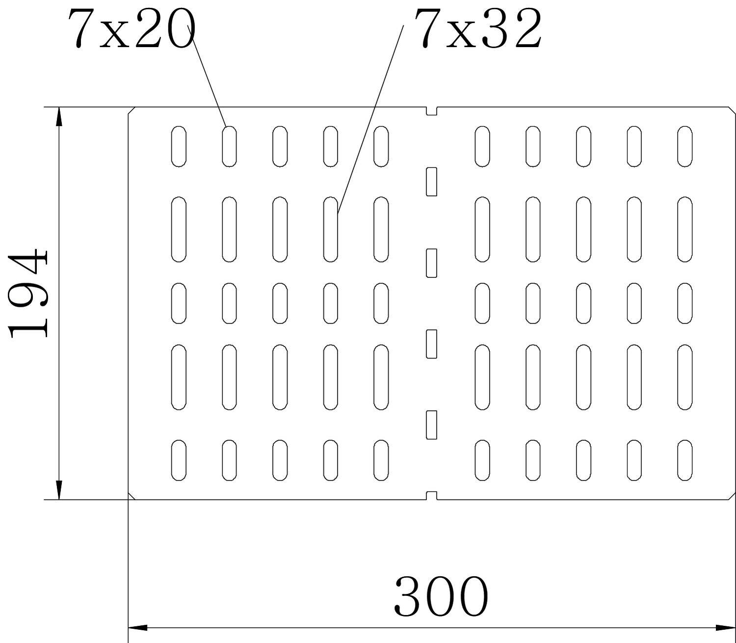 Technische Zeichnung eines rechteckigen Metallgitters mit den Maßen 194 x 300 mm und Lochgrößen 7 x 20 und 7 x 32 mm.