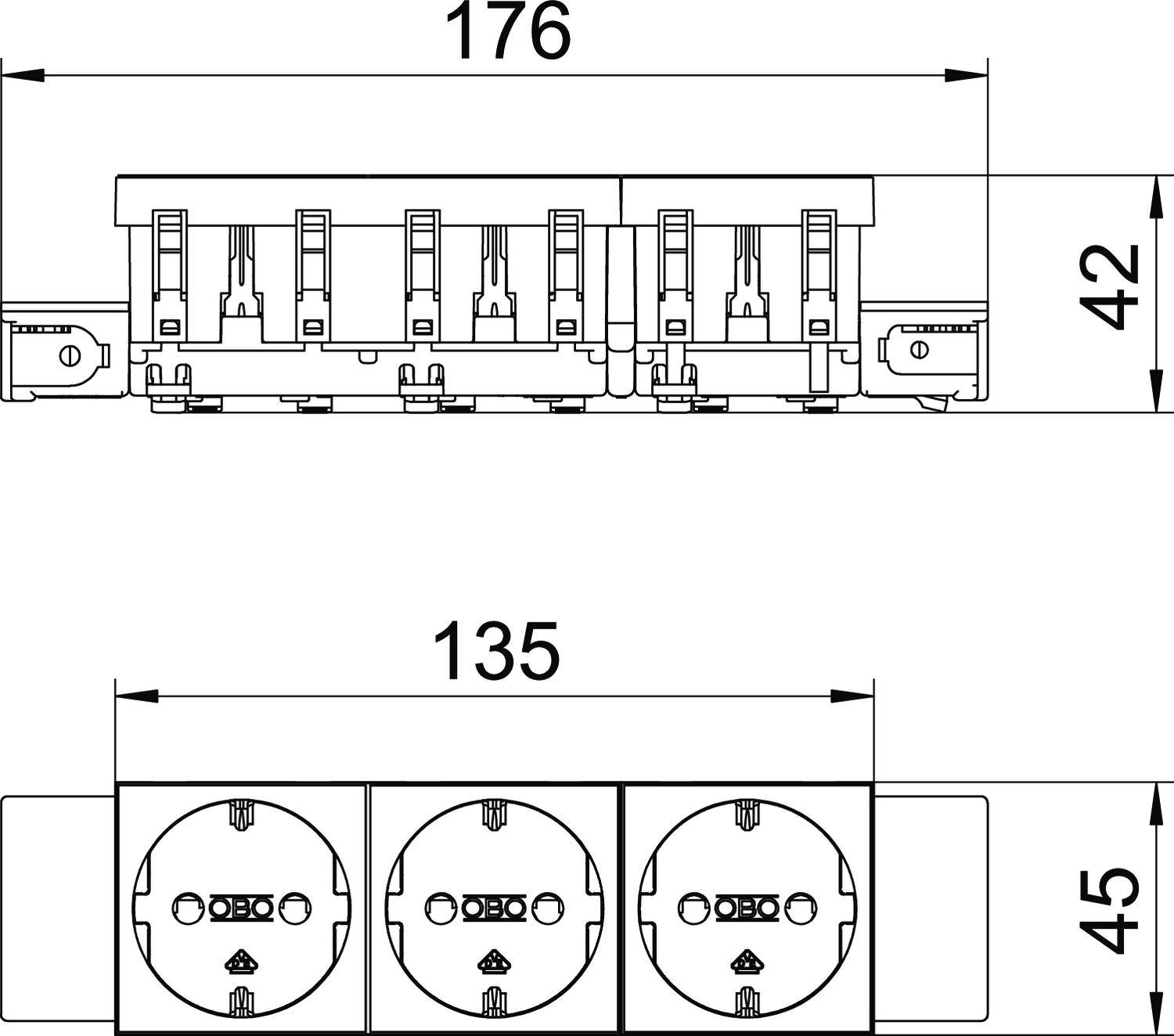 Technische Zeichnung von drei nebeneinander liegenden Steckdosen mit Maßen: Breite 176 mm, Höhe 42 mm, andere Ansicht 135 mm x 45 mm.