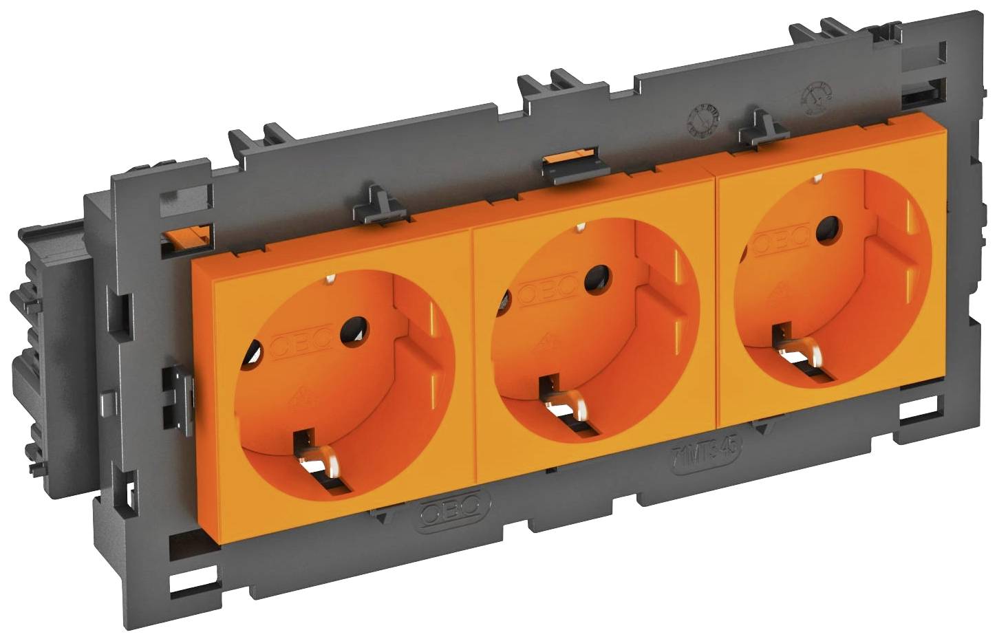Dreifachsteckdose in schwarz und orange, geeignet zum Einbau in Wand oder Gehäuse.