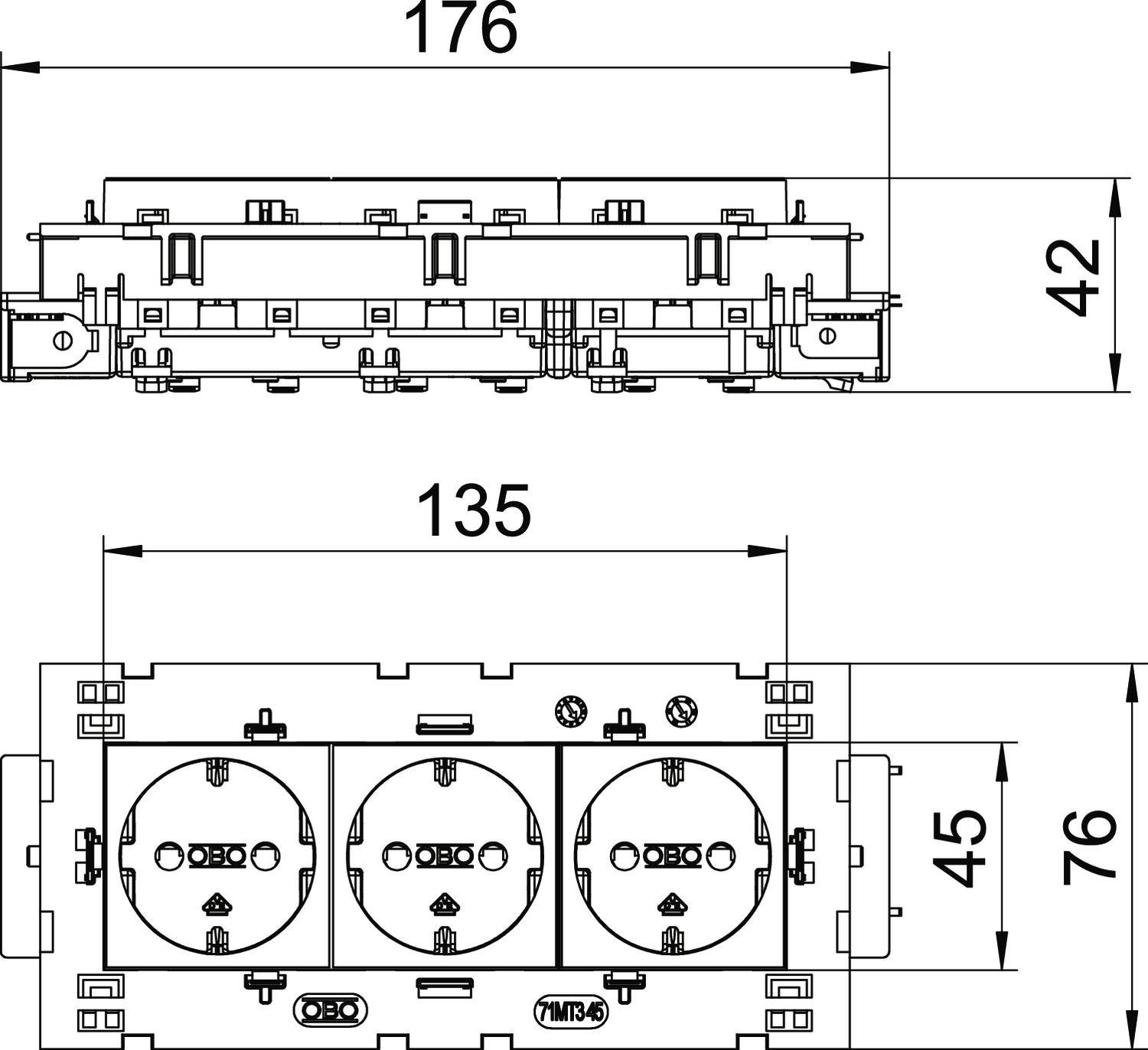 Zeichnung einer dreifachen Steckdosenleiste mit Abmessungen: Breite 176 mm, Höhe 42 mm, Tiefe 76 mm, mit drei Steckplätzen.