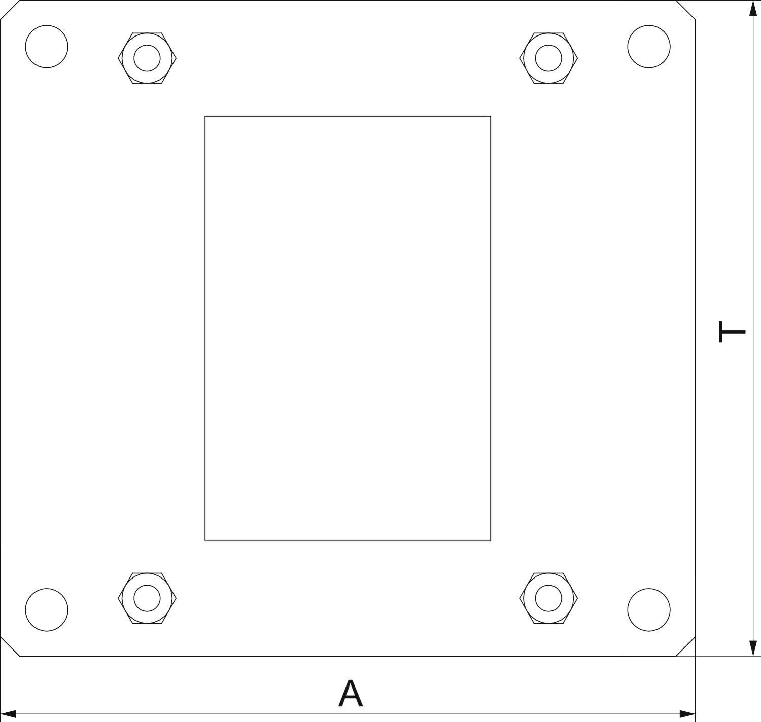 Technische Zeichnung: Rechteckige Platte mit mittlerem Ausschnitt und vier Schraubenlöchern an den Ecken. Maße 'A' und 'T' markiert.