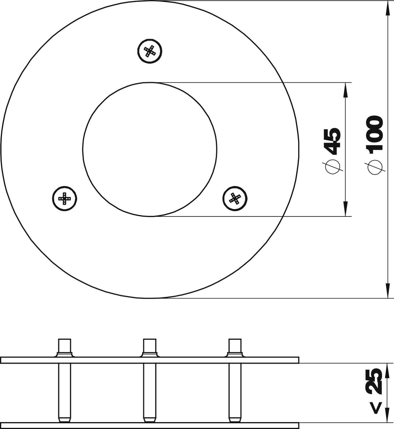 Technische Zeichnung eines runden Flansches mit Außendurchmesser 100 mm und Innendurchmesser 45 mm, Seitenansicht zeigt drei Schrauben.