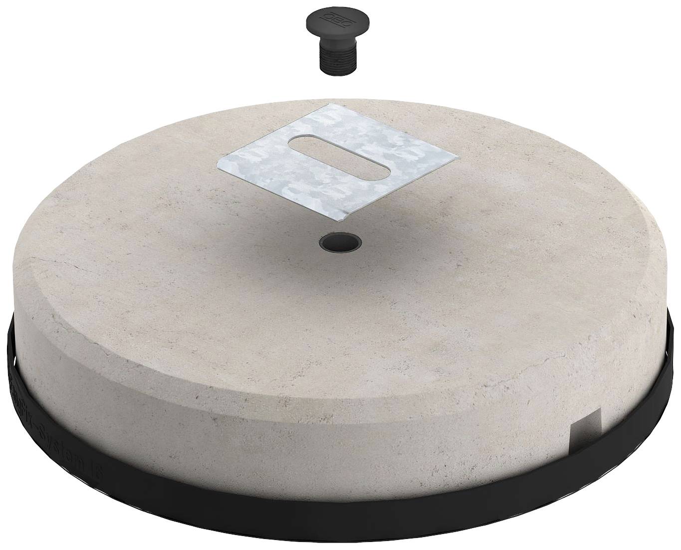 Betondeckel von 800 mm Durchmesser mit Stahlplatte und Kunststoffdeckel darüber.